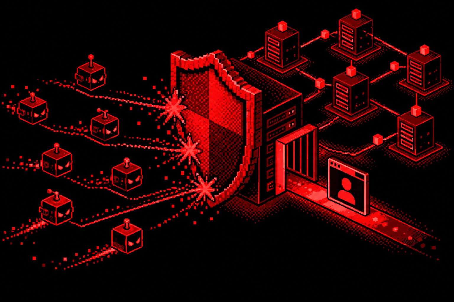 Uno scudo ferma i bot davanti a una rete di server, in pixel art rossa su sfondo nero