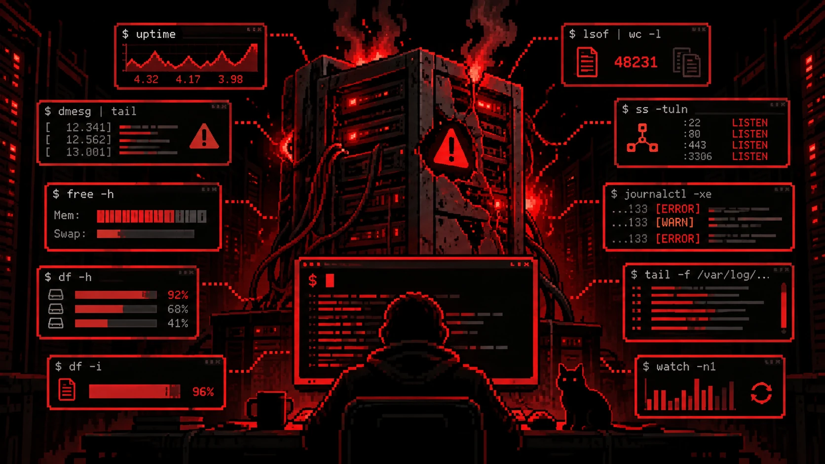 Illustrazione pixel art rossa e nera di un amministratore davanti a un server in allarme, circondato da terminali di diagnostica Linux